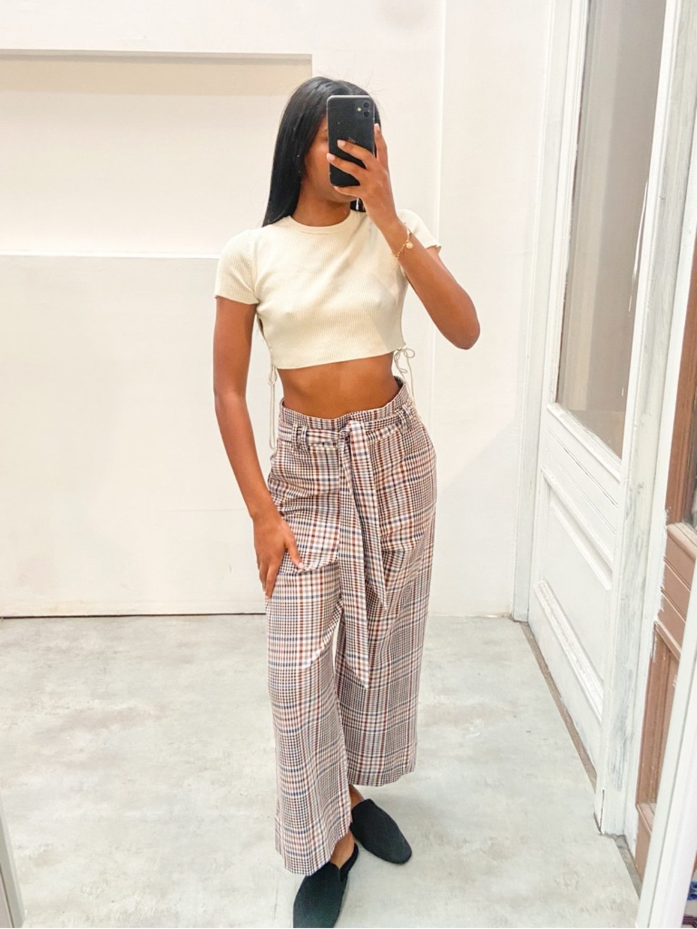 H&M Checked Tie-Waist Wide Leg Pants - Beige Plaid - Picture 2 of 13